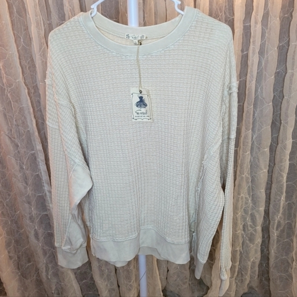 Easel Cream Tan Waffle Knit High Low Raw Distressed Hem Sweater Boutique - Picture 2 of 5